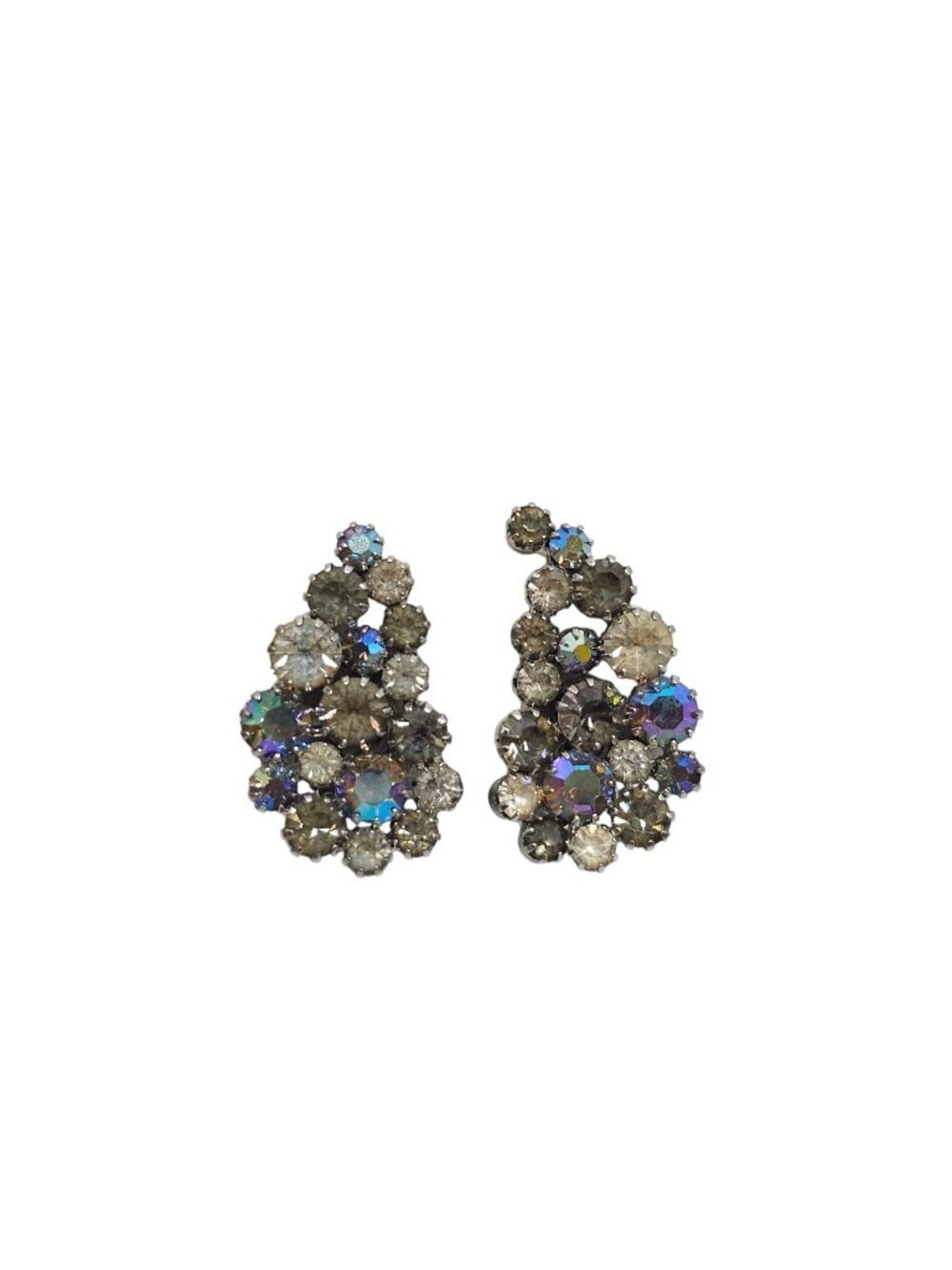 Vintage Gray Aurora Borealis Rhinestone Clip-On Earrings Sparkling READ ME